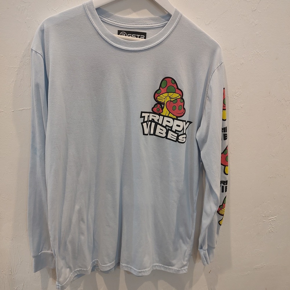 Trippy Vibes Mushroom Sz Large Long Sleeve T Shirt Blue RGSTR Graphic Front Back
